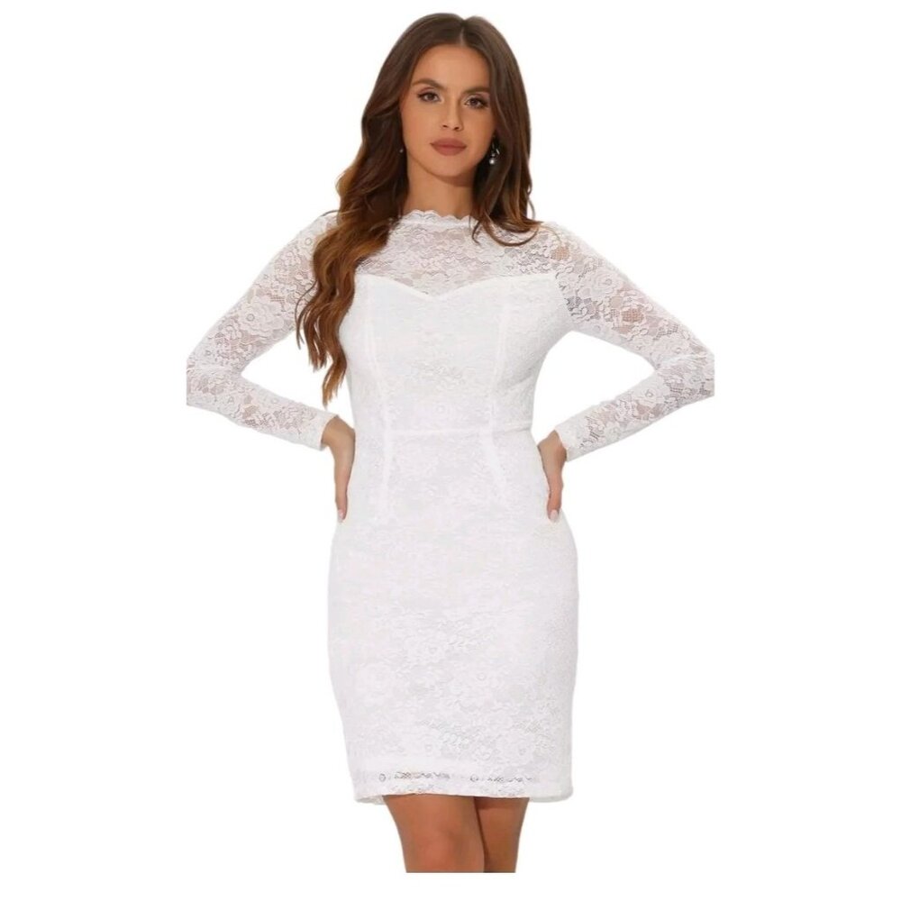 Allegra K Women M White Elegant Floral Lace Dress  Business Cocktail Wedding NWT